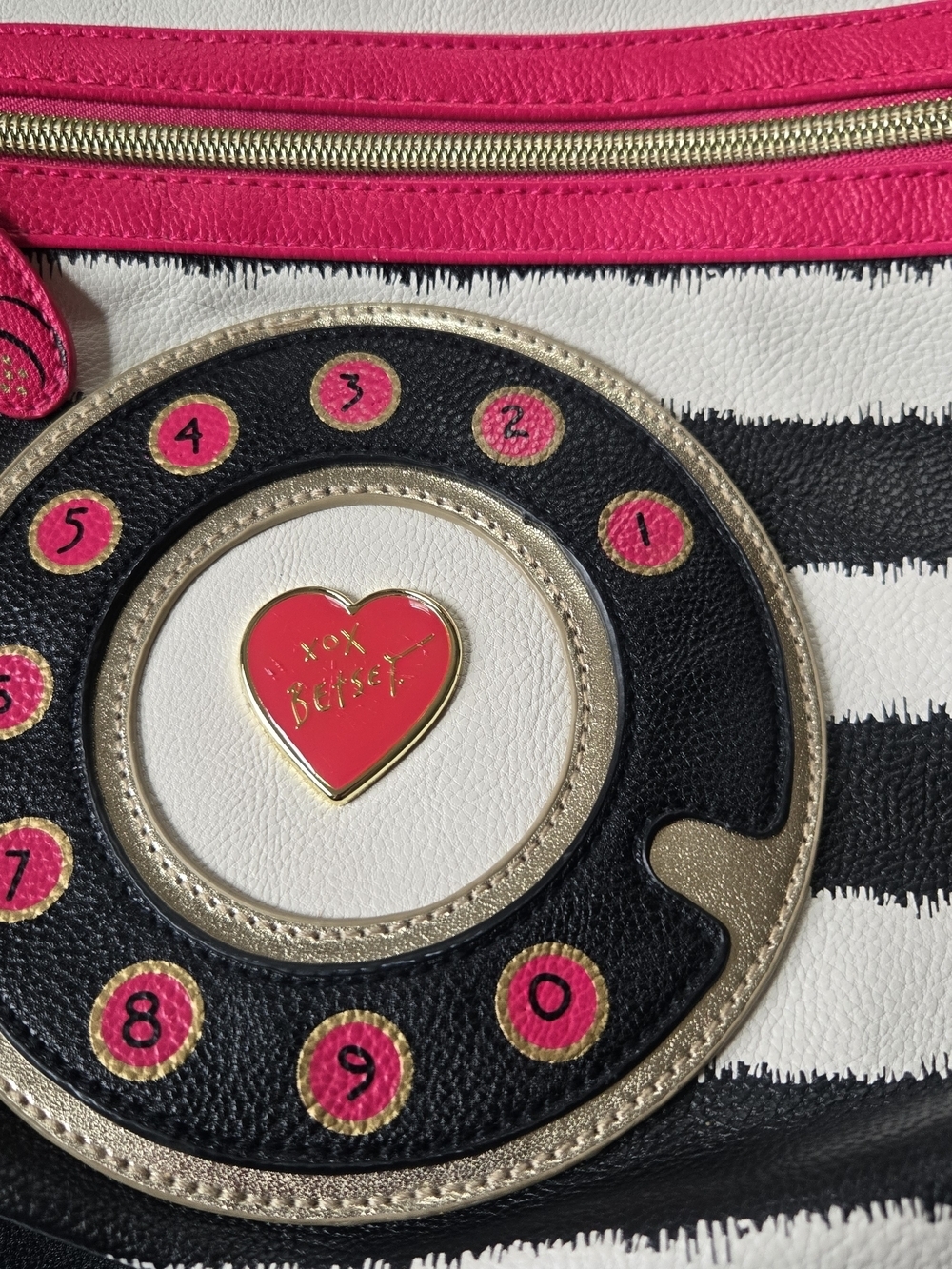 Betsey Johnson Rotary Phone Stripe Backpack with Hot Pink Trim Rose Interior - Picture 2 of 10